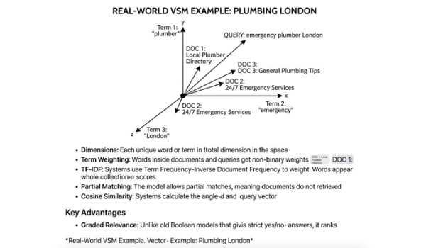 Diagram of a three-dimensional vector space with the terms plumber, emergency and London, a query vector and three document vectors